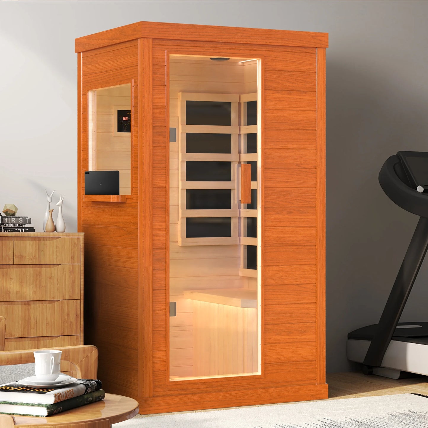 1 Person Infrared Sauna, Okoume Wood Far Infrared Saunas for Home, 900Watt Indoor Personal Sauna Room Box with Control Panel, Glass Door, Blue-Tooth