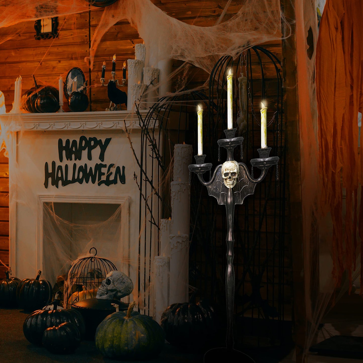 Animated Halloween Candelabra Decoration - Creepy Gothic Haunted Mansion Black Skull Floating Candle Holder Party Decorations Prop