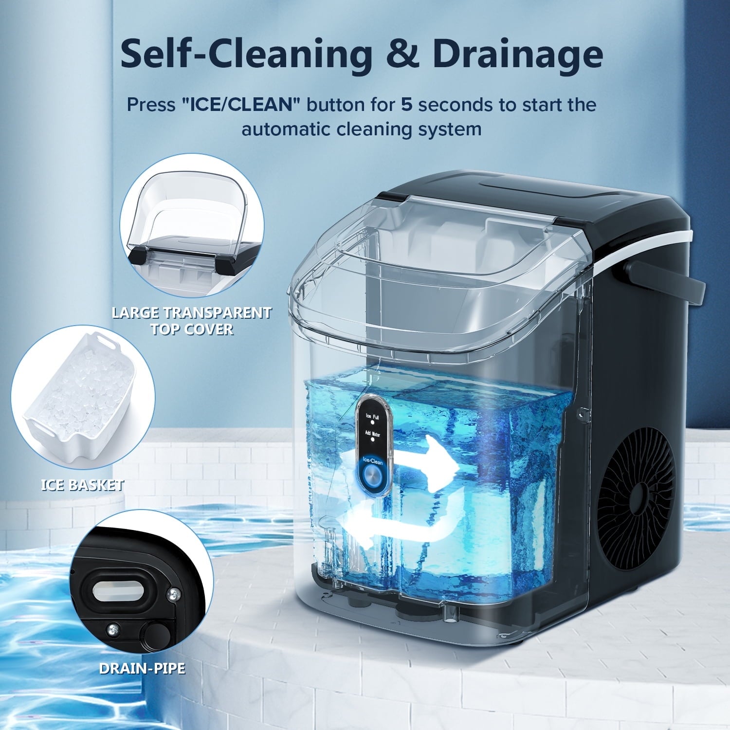 Nugget Ice Maker Countertop , 35Lbs/24H, Self-Cleaning, Ice Basket & Ice Shovel & Handle, for Home/Office/Party, Black