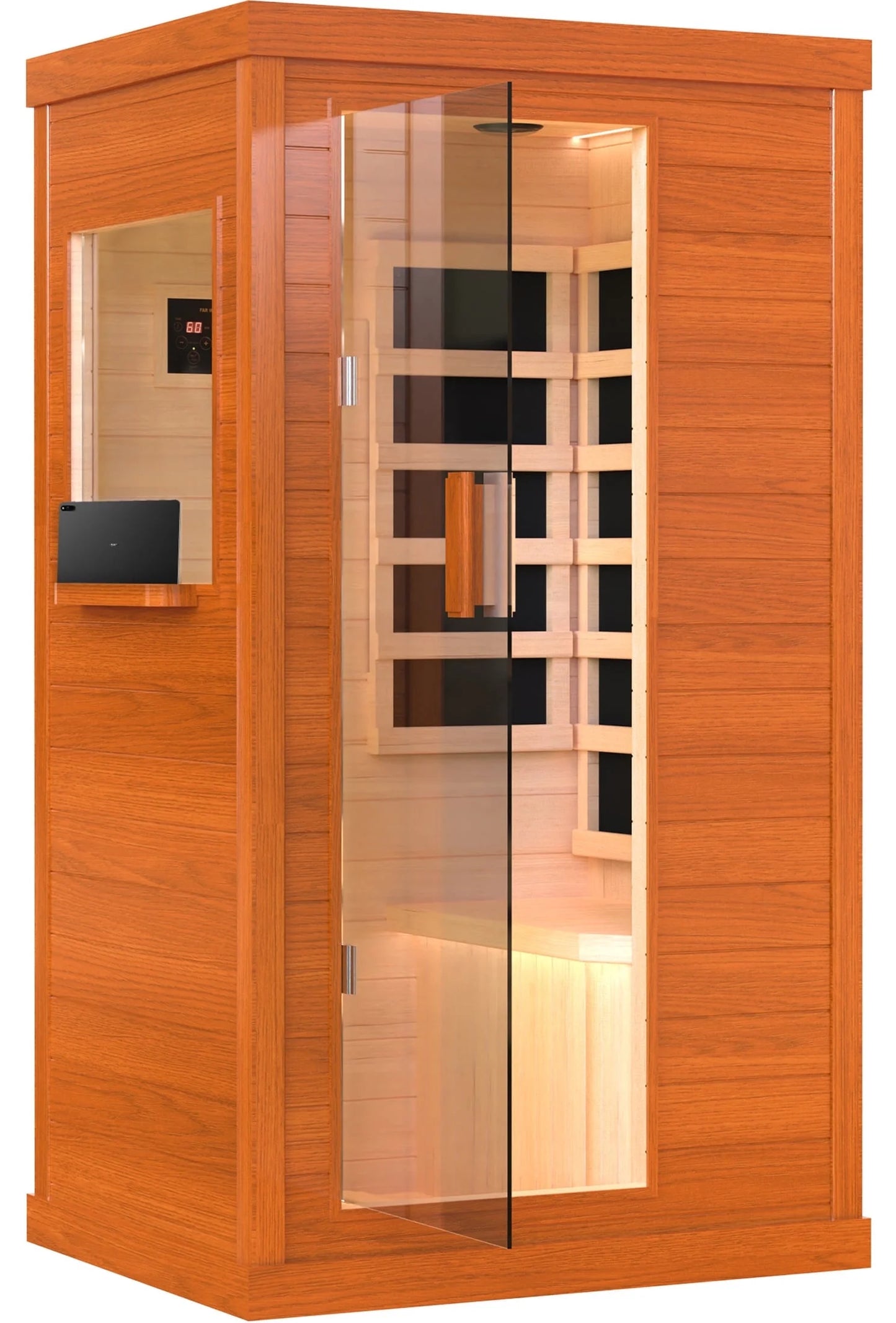 1 Person Infrared Sauna, Okoume Wood Far Infrared Saunas for Home, 900Watt Indoor Personal Sauna Room Box with Control Panel, Glass Door, Blue-Tooth