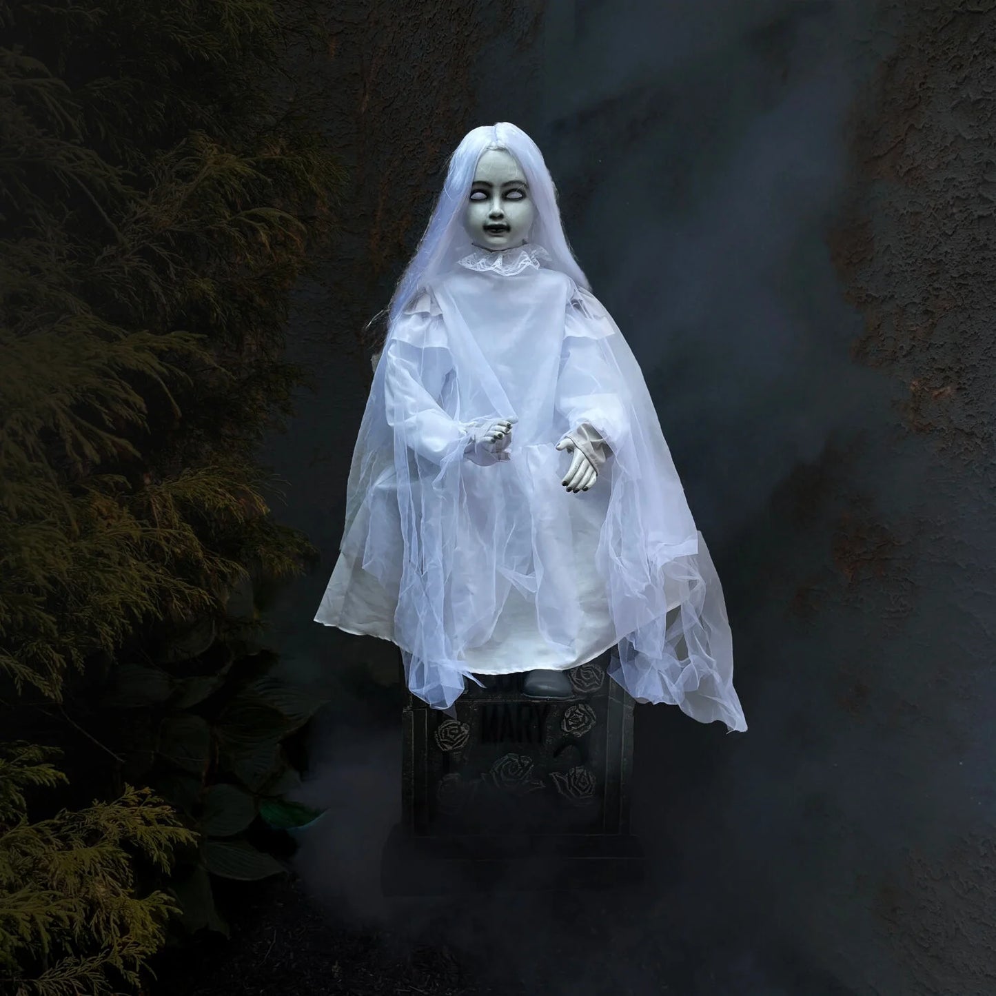 Motion-Activated 4 Ft Sitting Tombstone Girl by Tekky, Premium Talking Halloween Animatronic, Outdoor/Indoor Plug-In or Battery, HHSTMBGRL-1FLSA