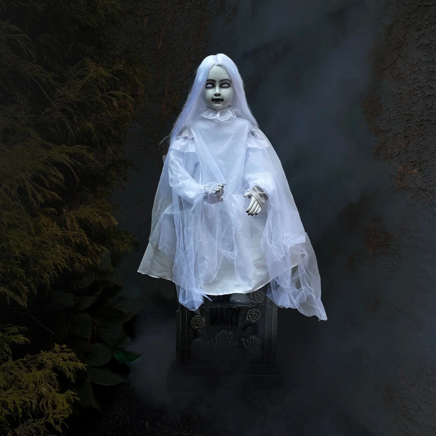 Motion-Activated 4 Ft Sitting Tombstone Girl by Tekky, Premium Talking Halloween Animatronic, Outdoor/Indoor Plug-In or Battery, HHSTMBGRL-1FLSA
