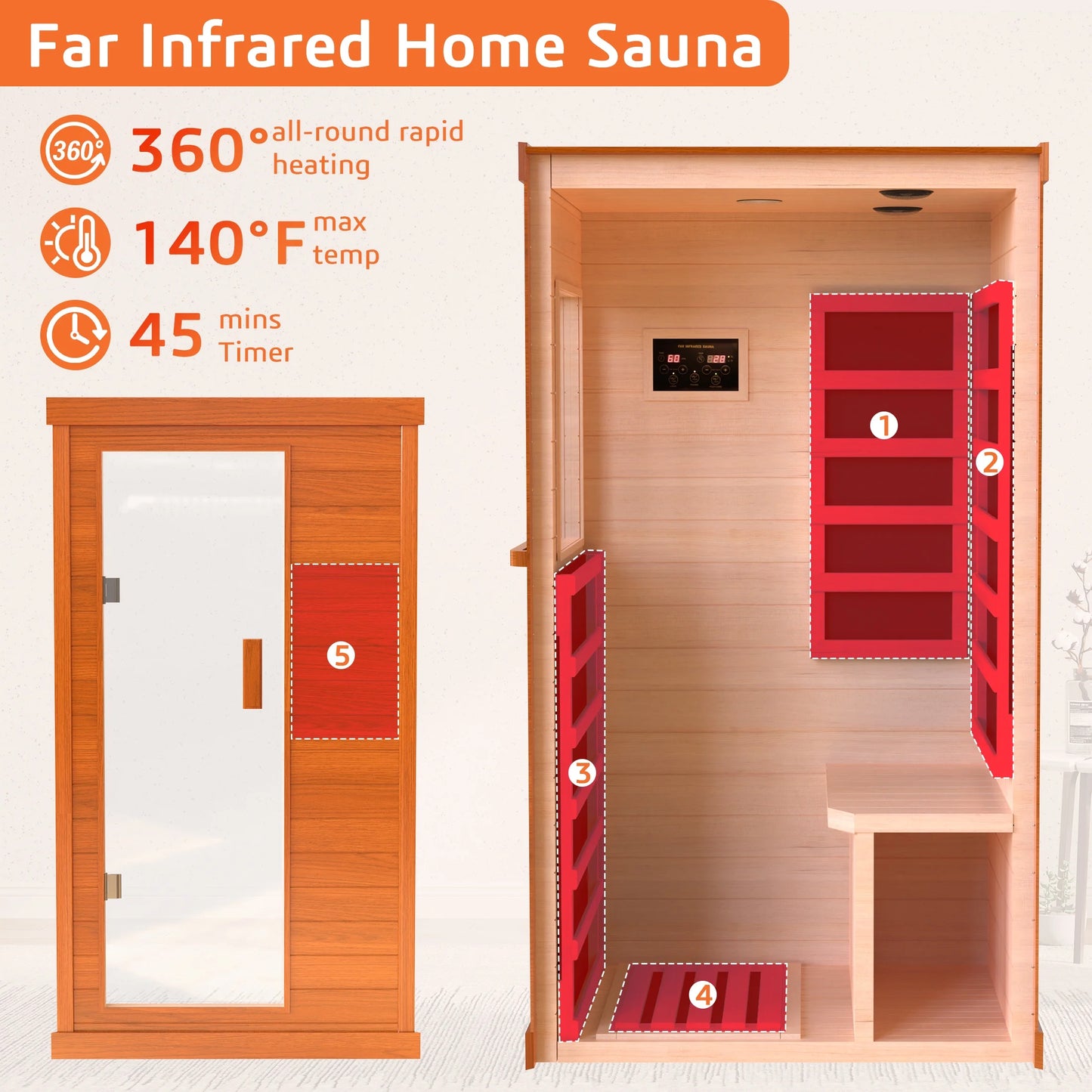 1 Person Infrared Sauna, Okoume Wood Far Infrared Saunas for Home, 900Watt Indoor Personal Sauna Room Box with Control Panel, Glass Door, Blue-Tooth