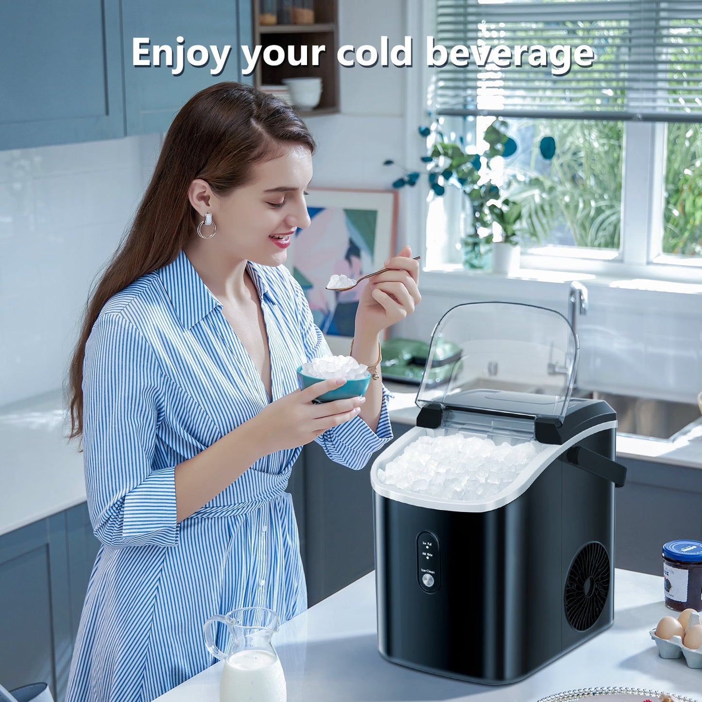 Nugget Ice Maker Countertop , 35Lbs/24H, Self-Cleaning, Ice Basket & Ice Shovel & Handle, for Home/Office/Party, Black