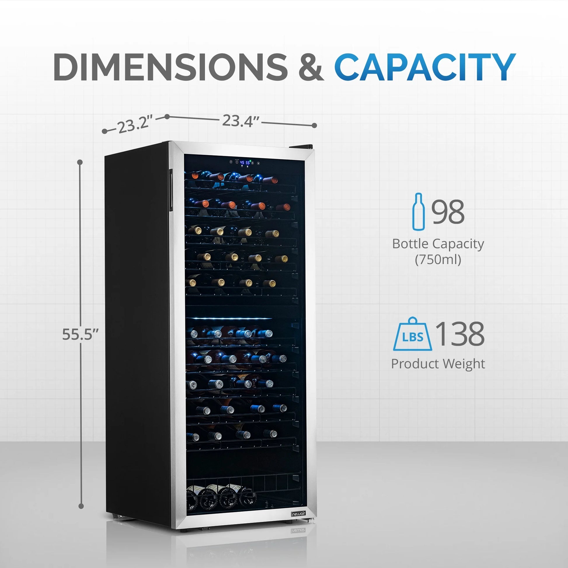 Freestanding Wine Refrigerator, 98 Bottle Dual Zone Compressor Wine Fridge in Stainless Steel