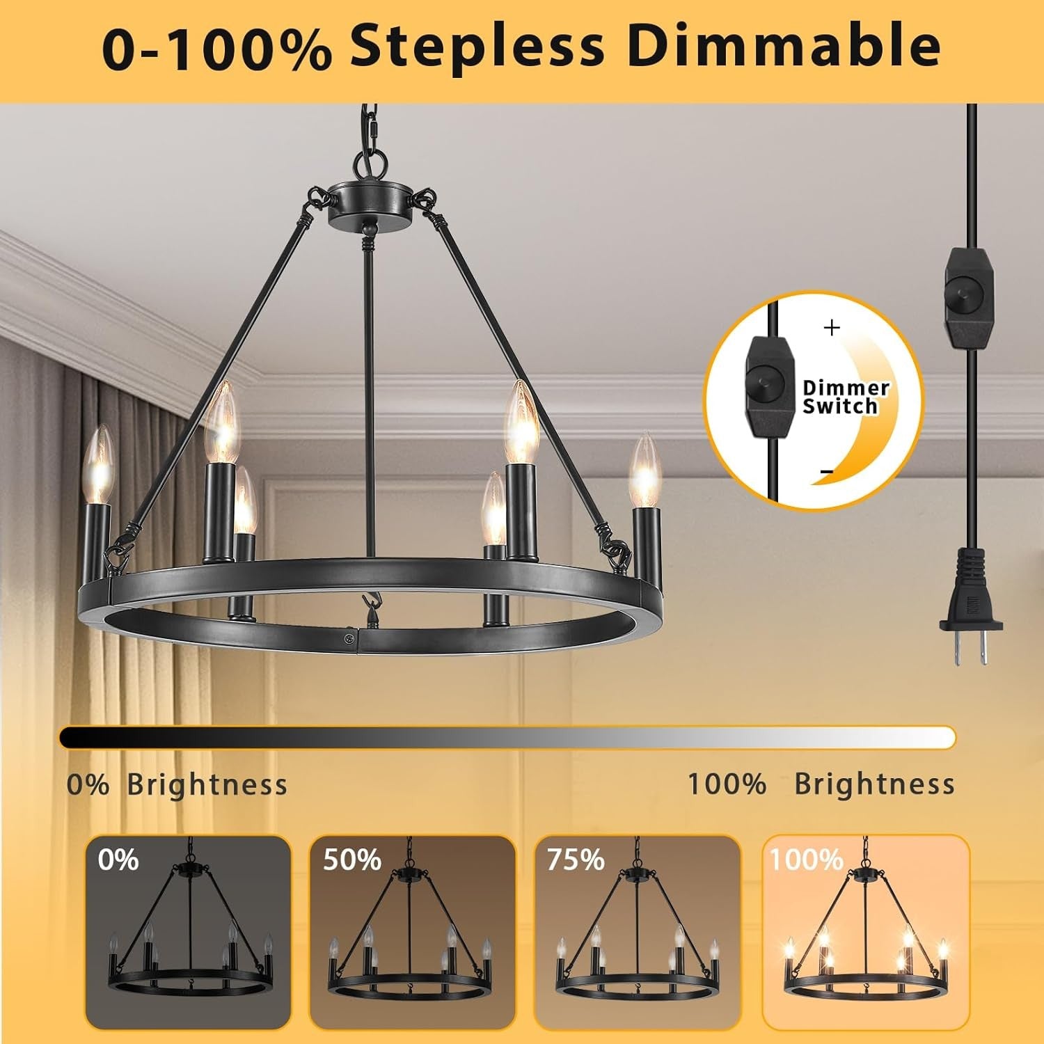 HOXIYA 6 Lights DIMMABLE Plug in Wagon Wheel Chandelier, 20.5" Black