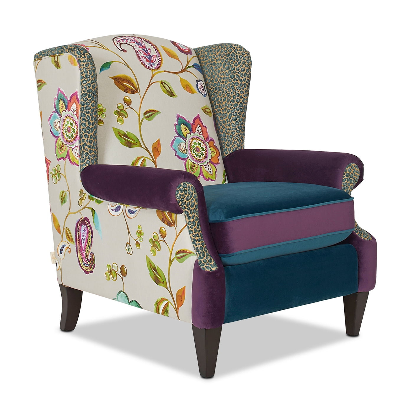 Wingback Accent Arm Chair Floral Patchwork Fabric