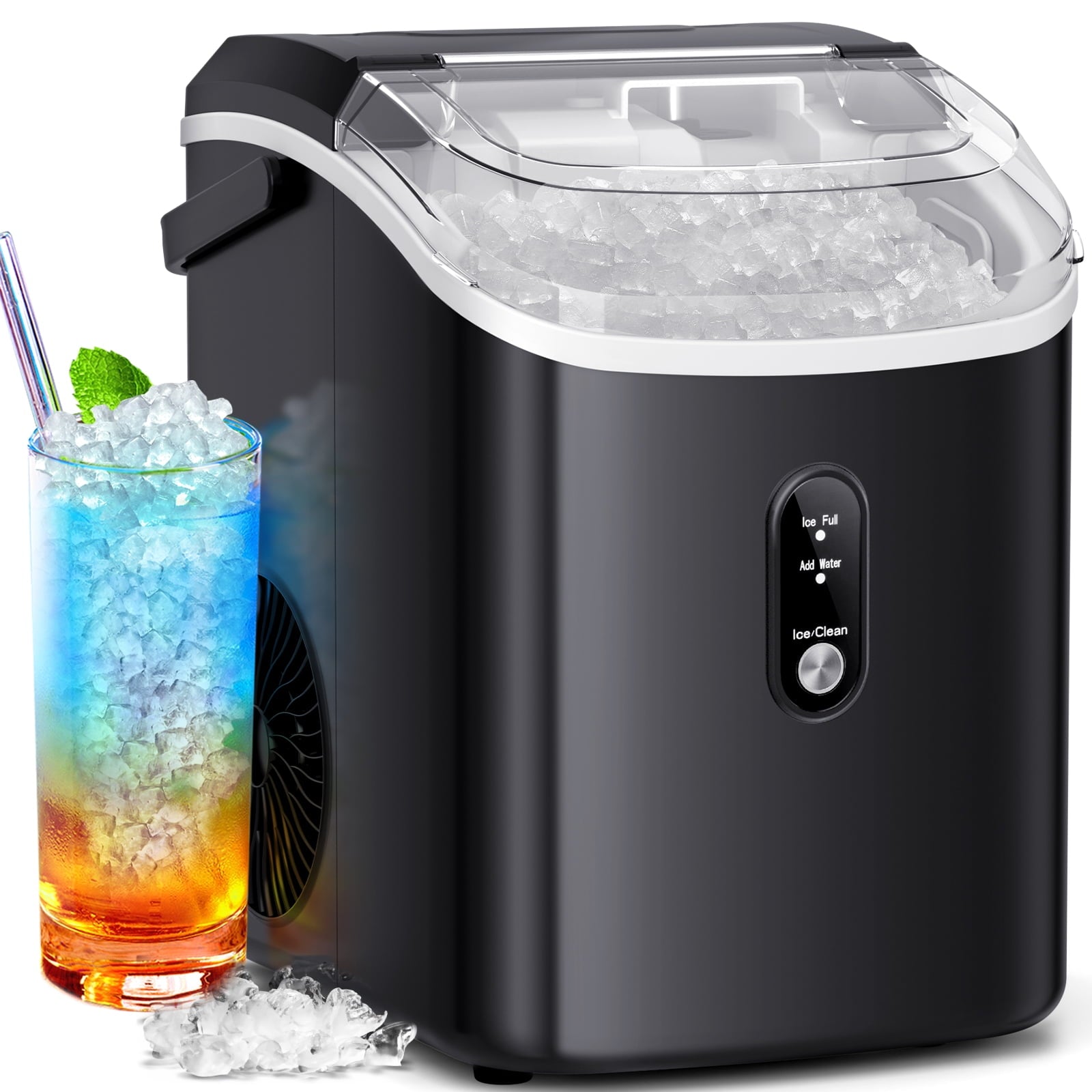 Nugget Ice Maker Countertop , 35Lbs/24H, Self-Cleaning, Ice Basket & Ice Shovel & Handle, for Home/Office/Party, Black