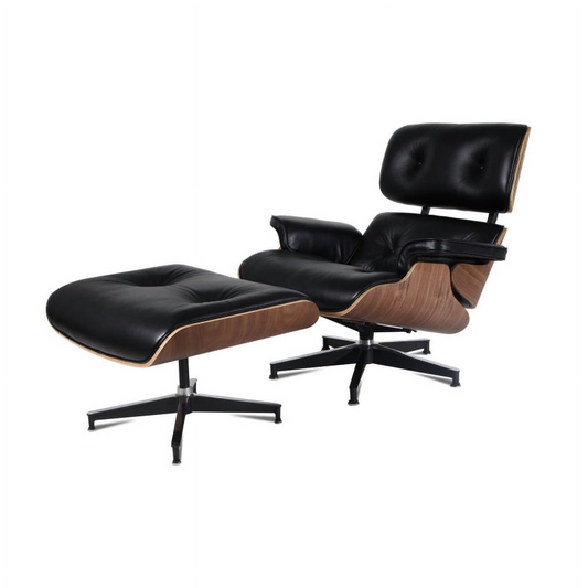 Herman Miller Inspired Replica Black Walnut & Italian Leather Mid Century Lounge Chair and Ottoman