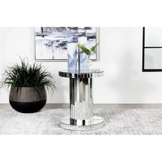 Mirrored End Table Side Table or Bedside Table  Round Glass Crystal Inlay