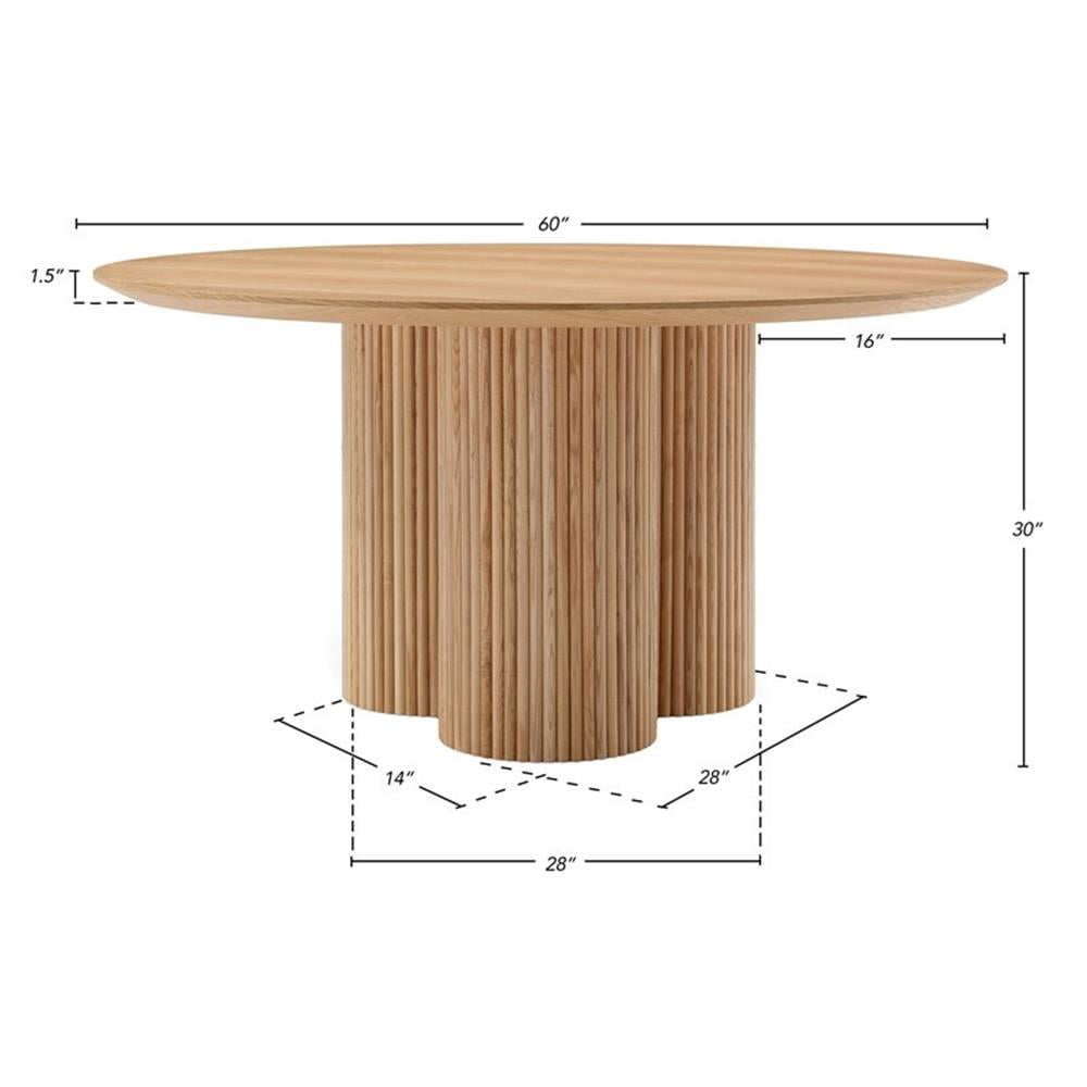 Round Modern Dining Table Solid Wood Fluted Pedestal Base 60 Inch