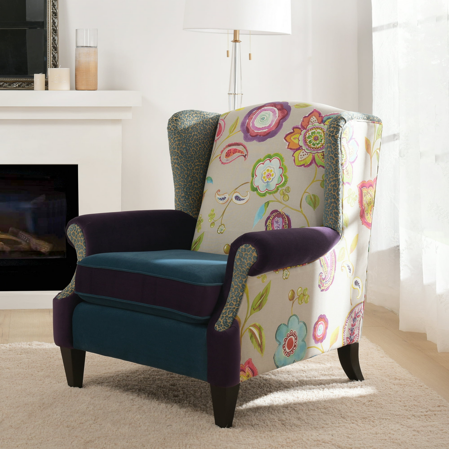 Wingback Accent Arm Chair Floral Patchwork Fabric