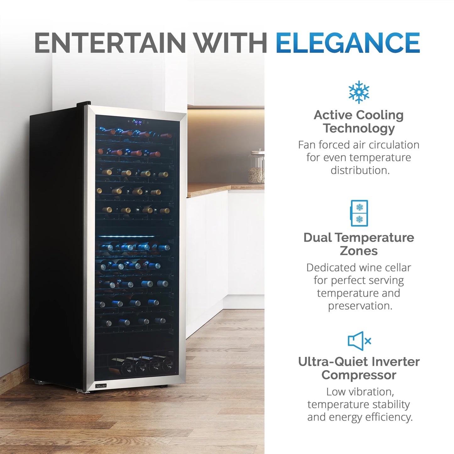 Freestanding Wine Refrigerator, 98 Bottle Dual Zone Compressor Wine Fridge in Stainless Steel