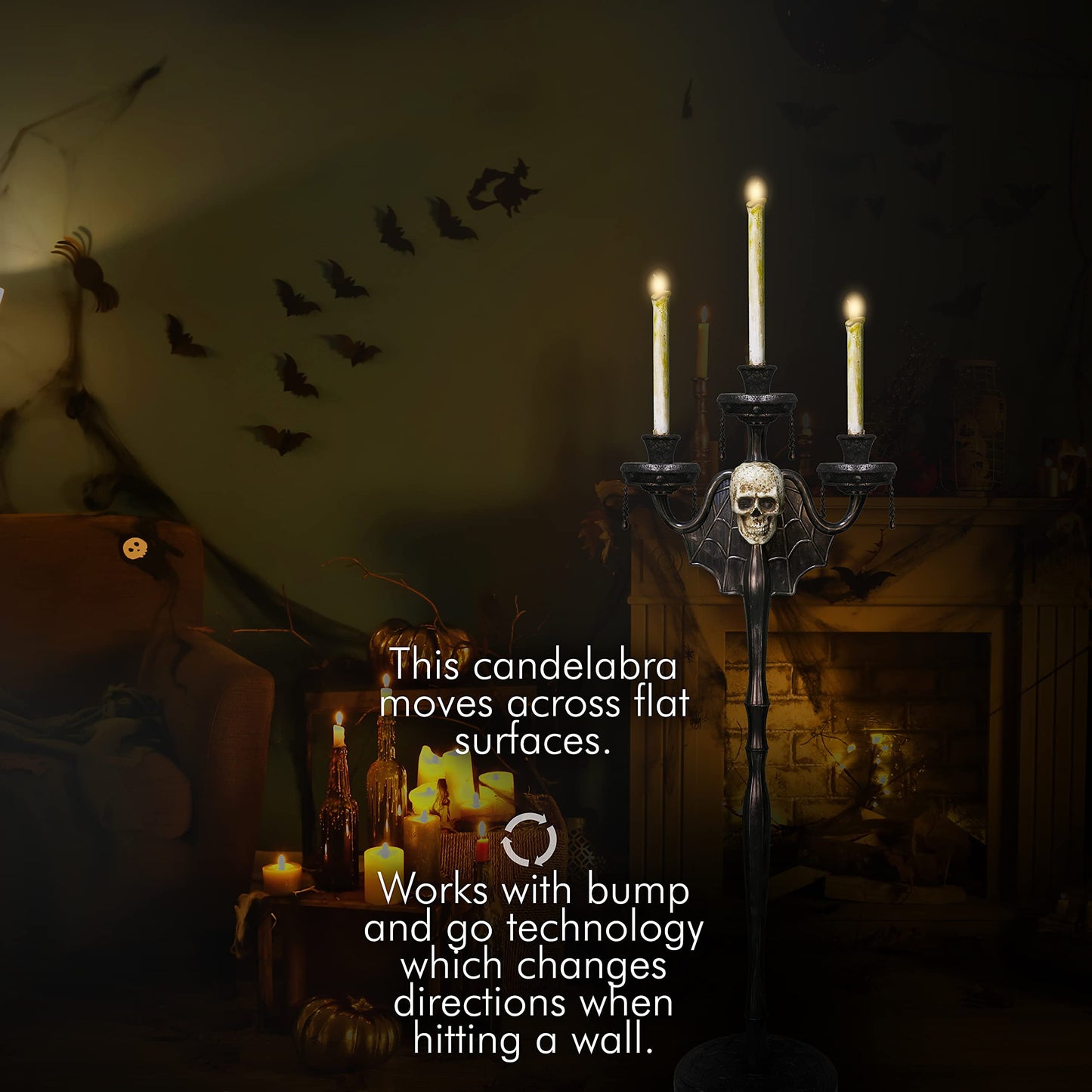 Animated Halloween Candelabra Decoration - Creepy Gothic Haunted Mansion Black Skull Floating Candle Holder Party Decorations Prop