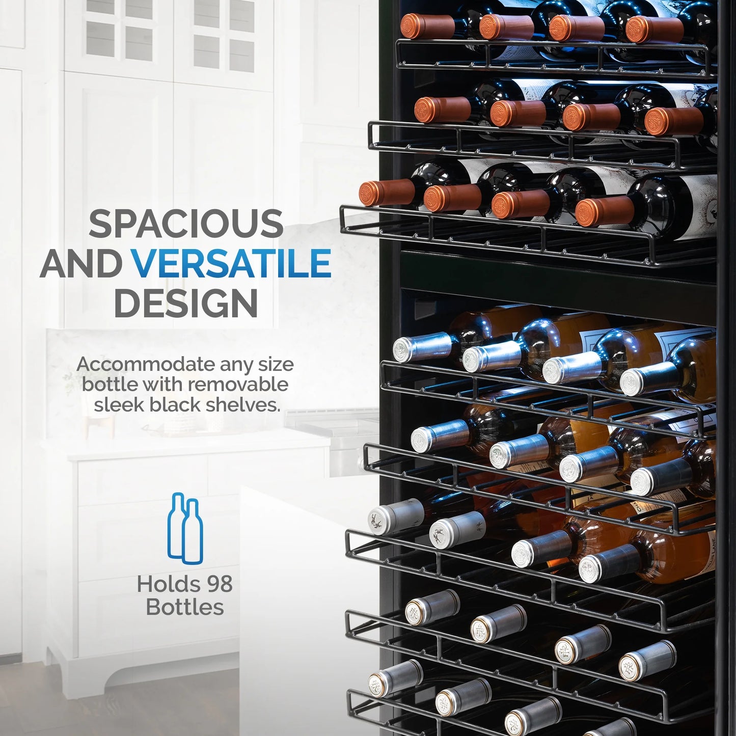 Freestanding Wine Refrigerator, 98 Bottle Dual Zone Compressor Wine Fridge in Stainless Steel