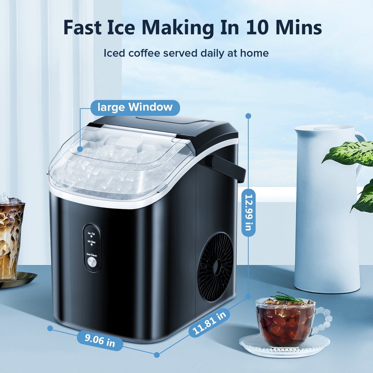 Nugget Ice Maker Countertop , 35Lbs/24H, Self-Cleaning, Ice Basket & Ice Shovel & Handle, for Home/Office/Party, Black