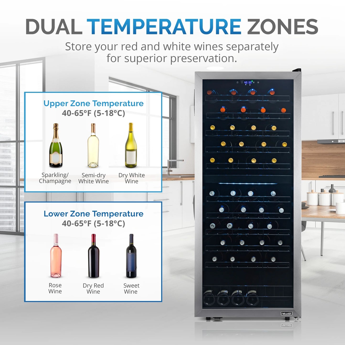 Freestanding Wine Refrigerator, 98 Bottle Dual Zone Compressor Wine Fridge in Stainless Steel